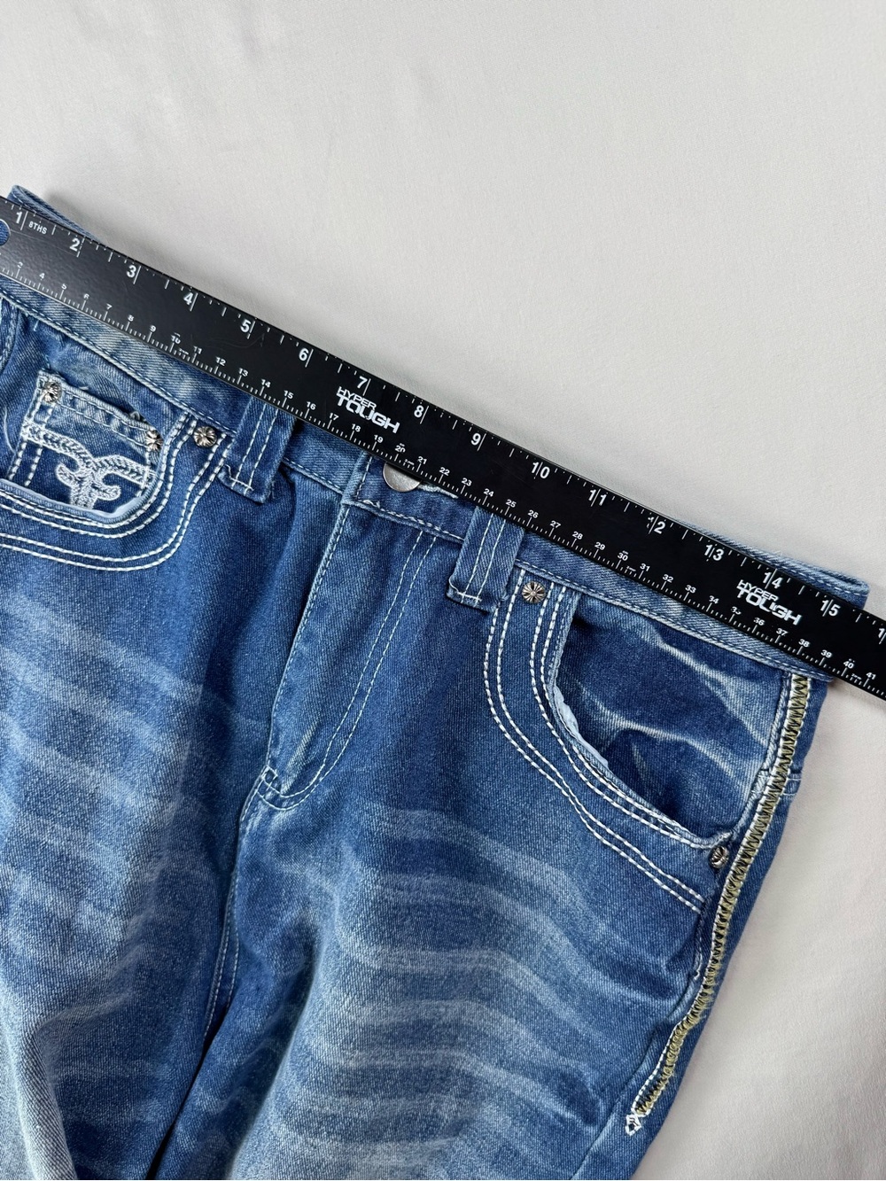 Men’s Y2K Baggy Wide Leg Jeans Embroidered Flap Pocket Medium Wash 30x28 - Picture 9 of 11